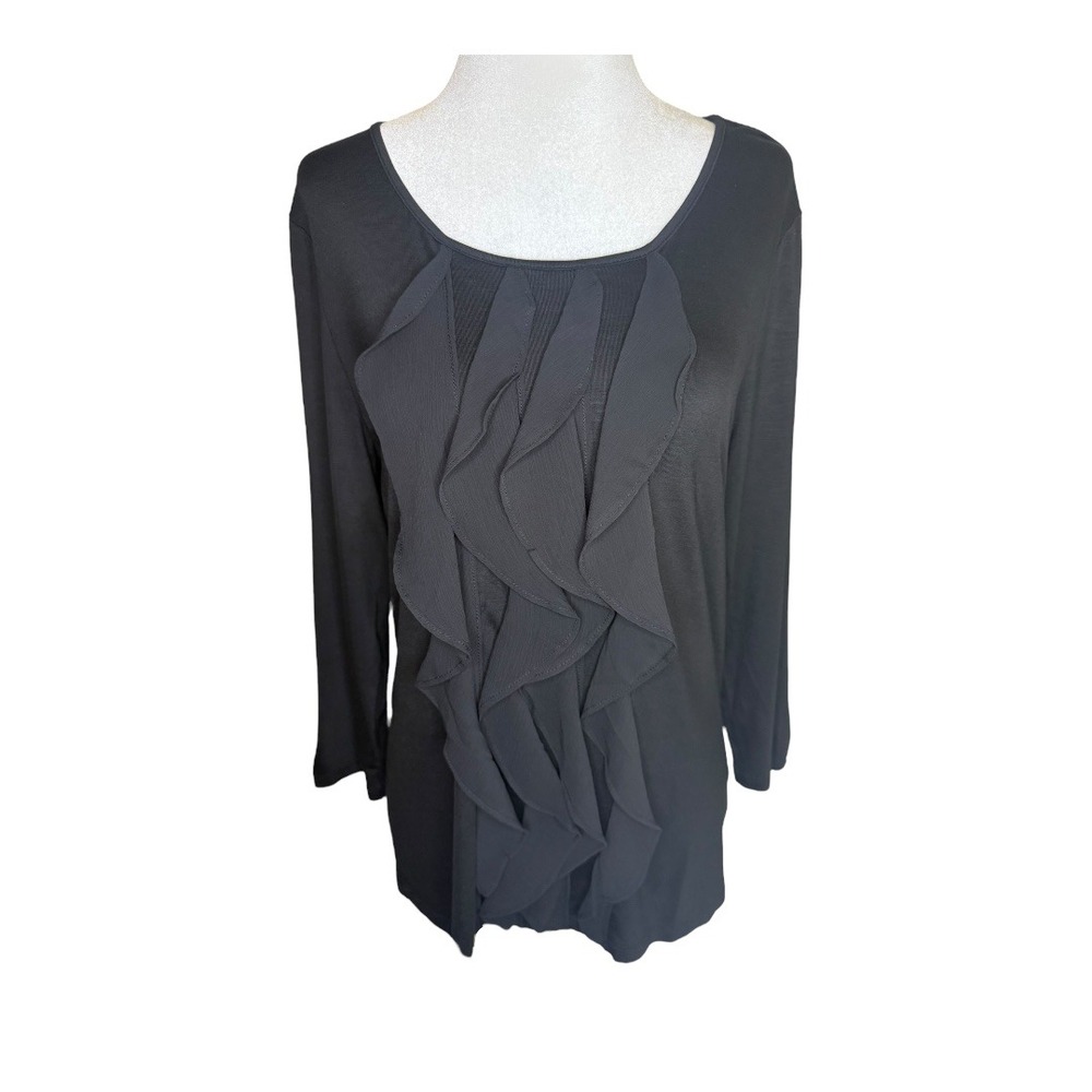 Talbots Medium Petite Black Ruffle Front Long Sleeve Top Blouse Career Casual
